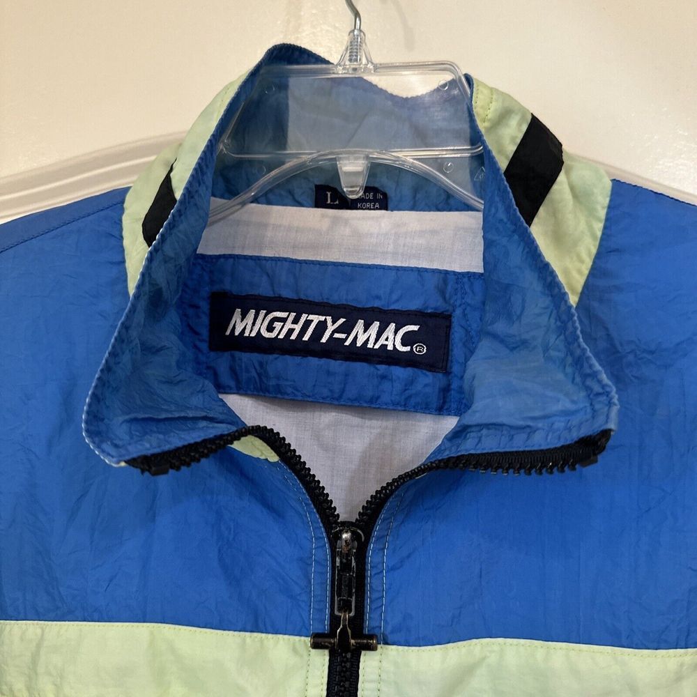 VTG Mighty Mac Blue Black Color block Nylon Full Zip Windbreaker Sz L Jacket - Picture 2 of 10